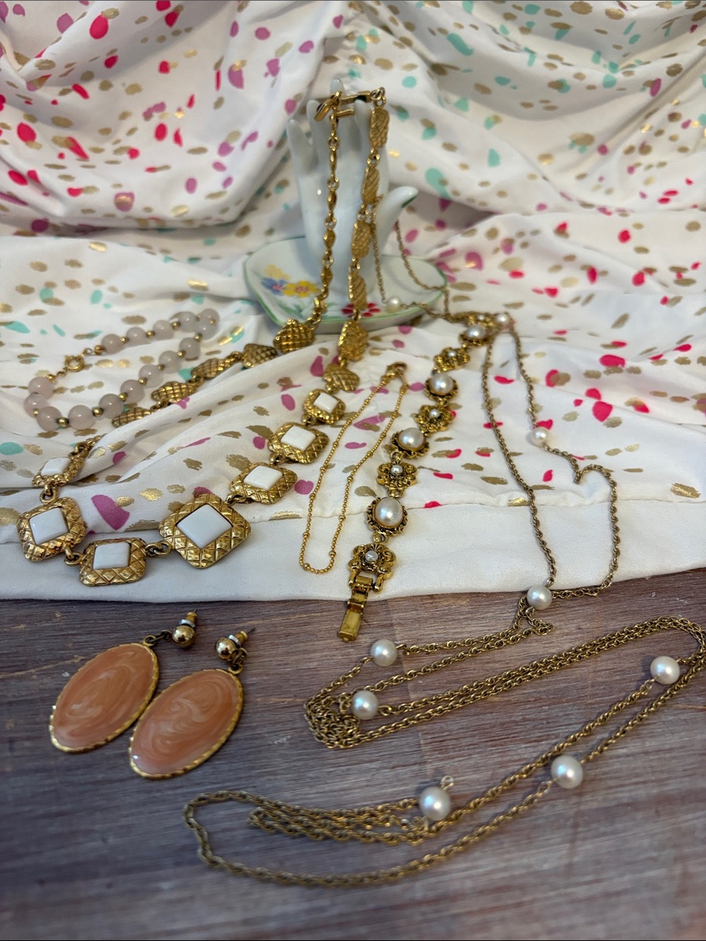 Gold-Tone Pearl & Coral Stone Necklace and Earring Set Entire Lot!!!